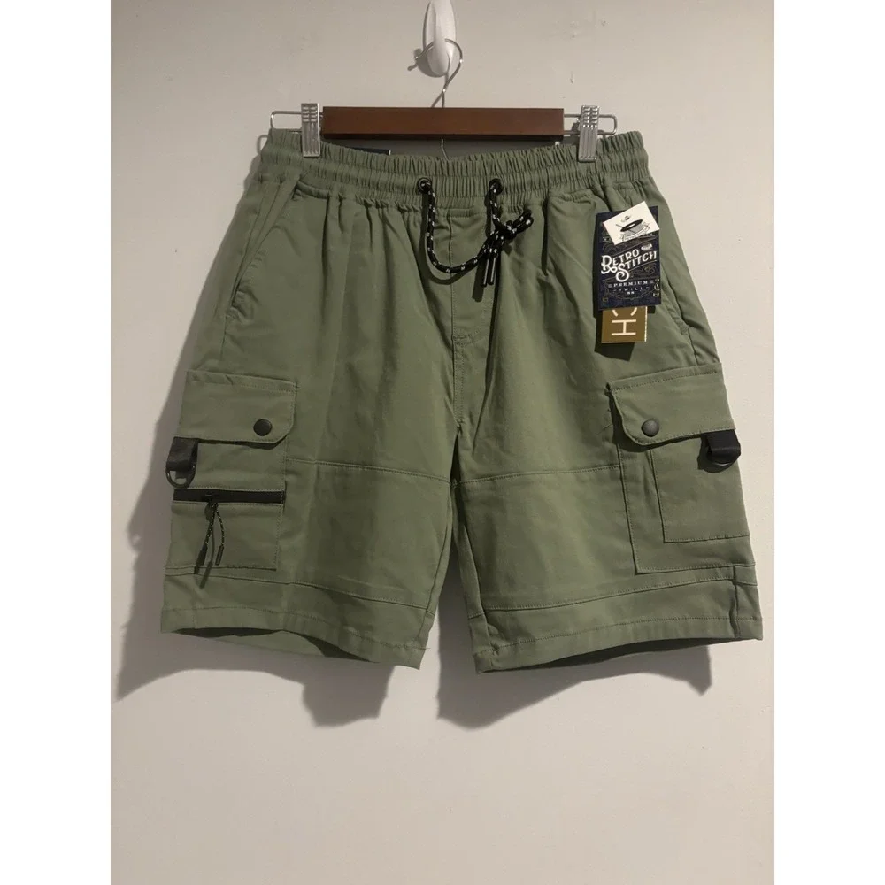 NWT‎ Retro Stitch Men's Cargo Shorts Olive Pocket Small Flat Front Chino Summer